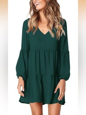 Green V-Neck Tiered Babydoll Dress - Large